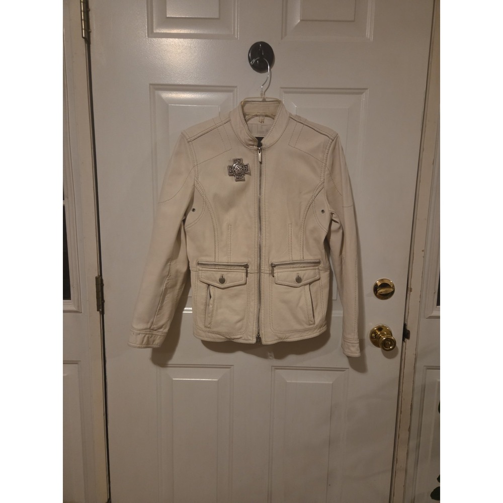 Wilson Leather Pelle Studio Cream Moto Jacket L Celtic Cross Pin Zip Pockets
